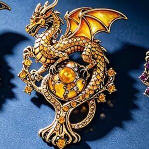 Mythical Golden Dragon & Orb Statement Brooch Pin NWOT